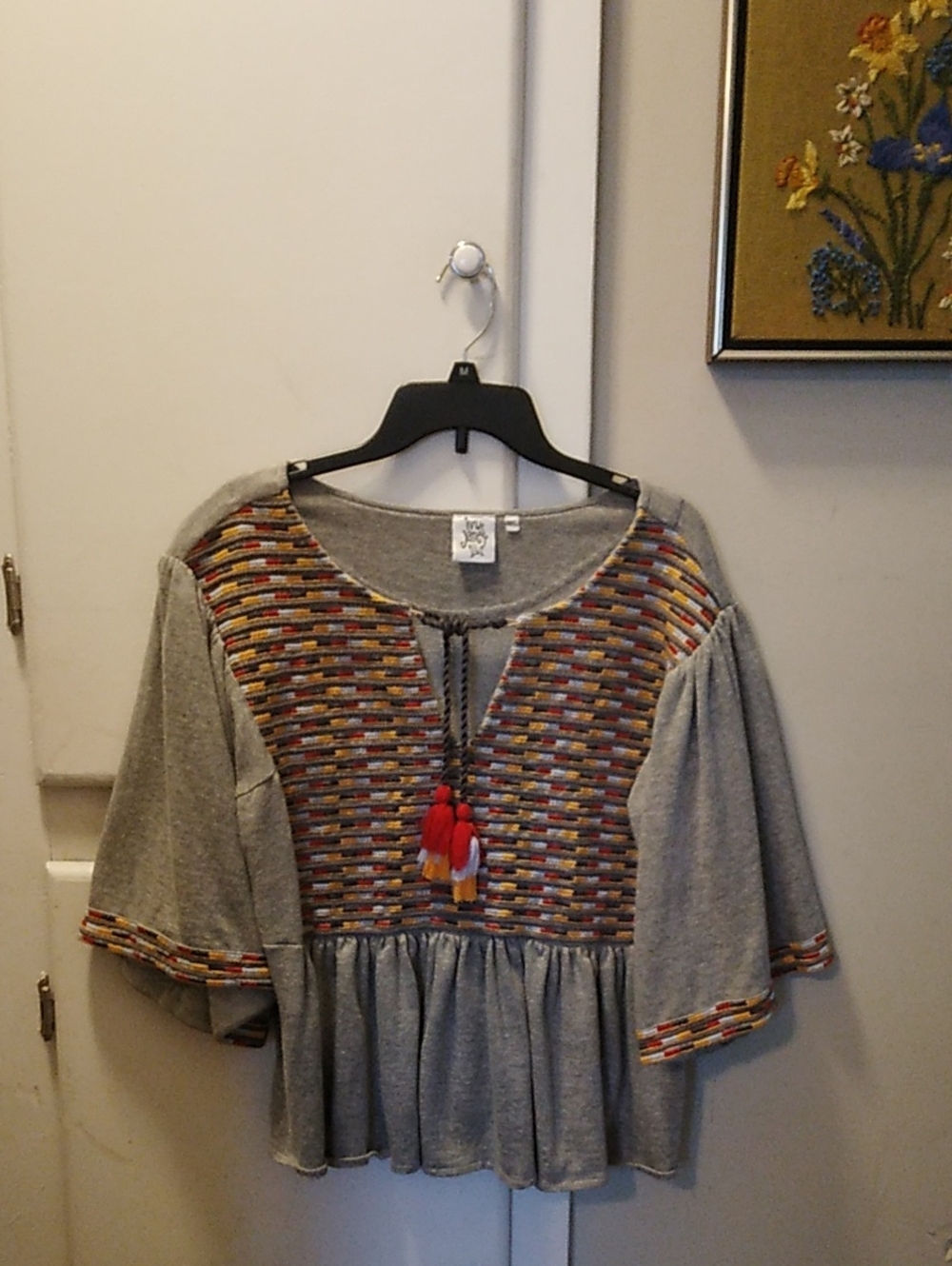 ivy jane Grey Boho Top with Colorful Embroidered Yoke and Tassels